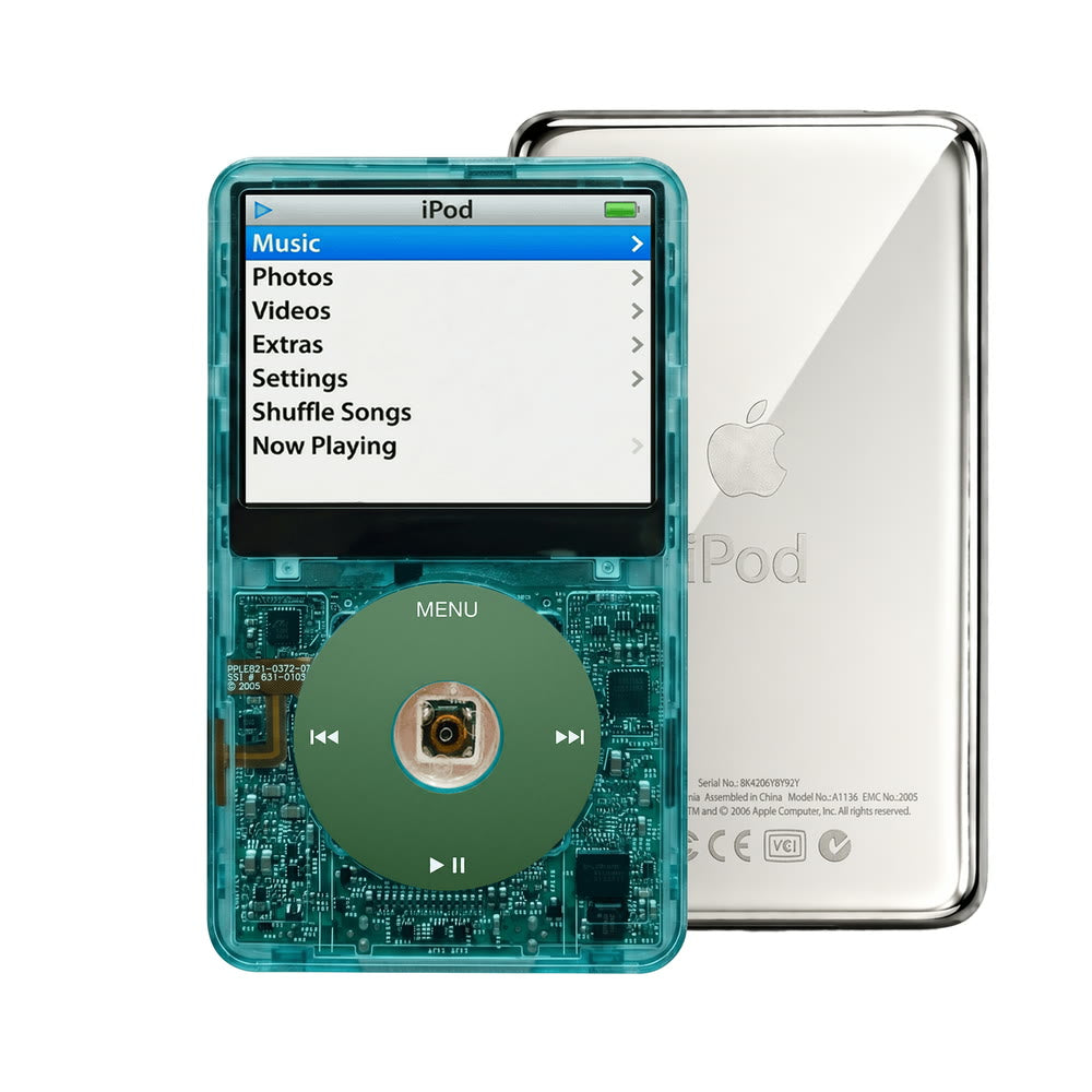 Clear Blue refurbished iPod Video 5.5 Gen with Green click wheel and Silver back plate