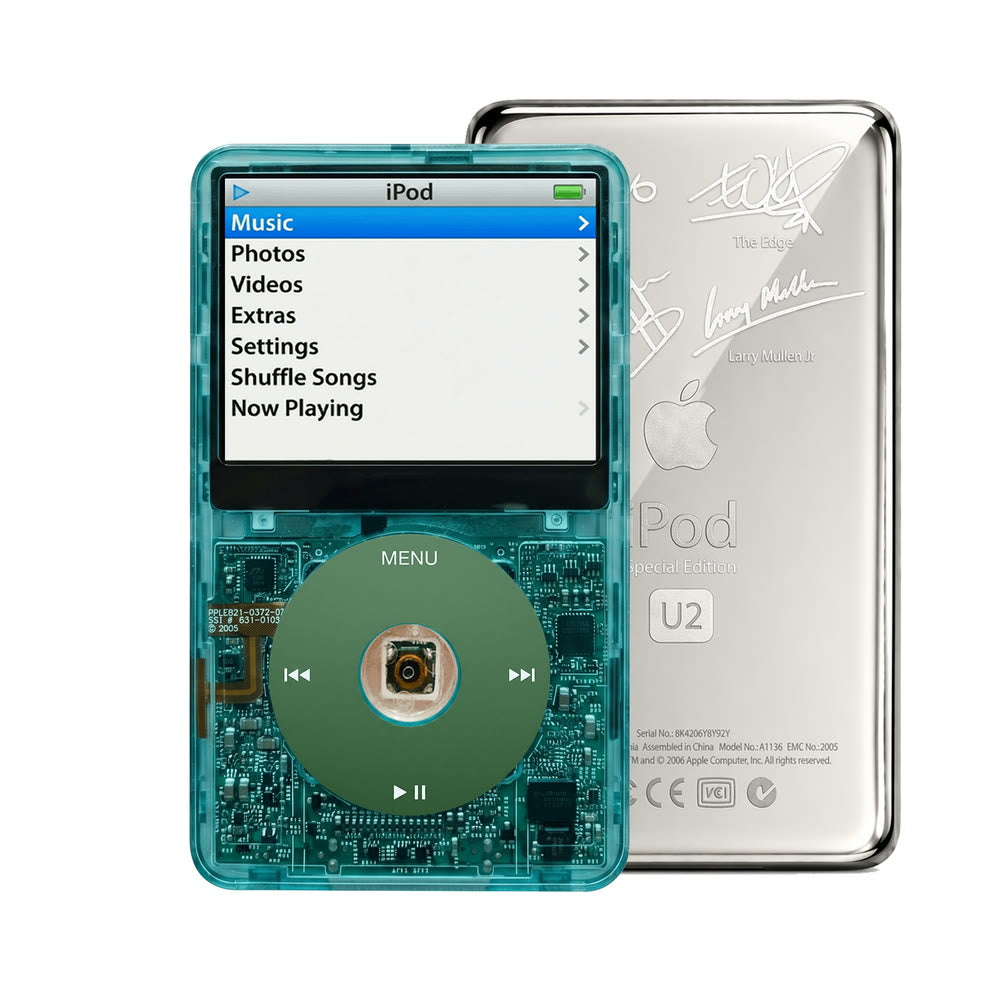Clear Blue refurbished iPod Video 5.5 Gen with Green click wheel and Silver U2 back plate