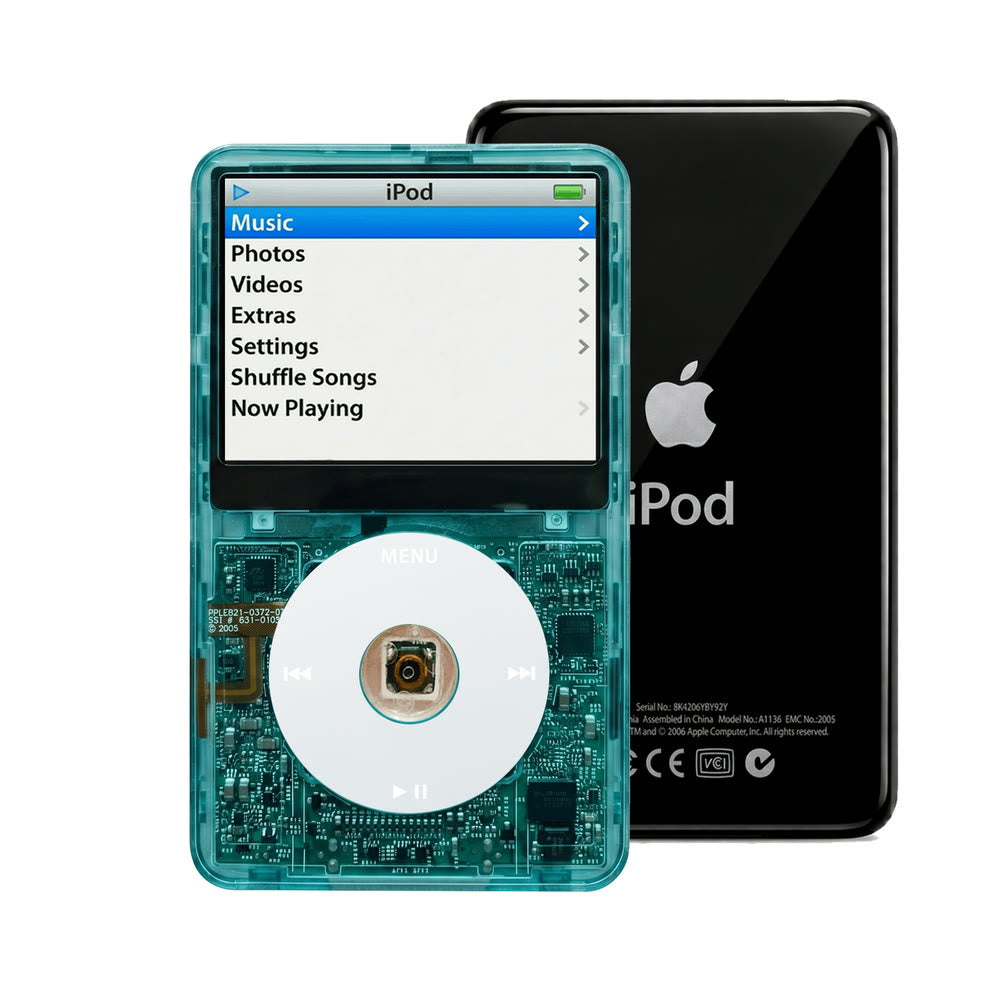 Clear Blue refurbished iPod Video 5.5 Gen with Gray click wheel and Black back plate