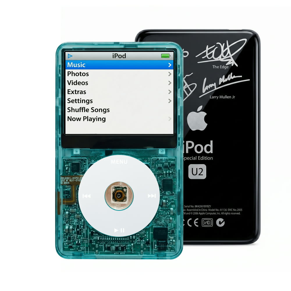 Clear Blue refurbished iPod Video 5.5 Gen with Gray click wheel and Black U2 back plate