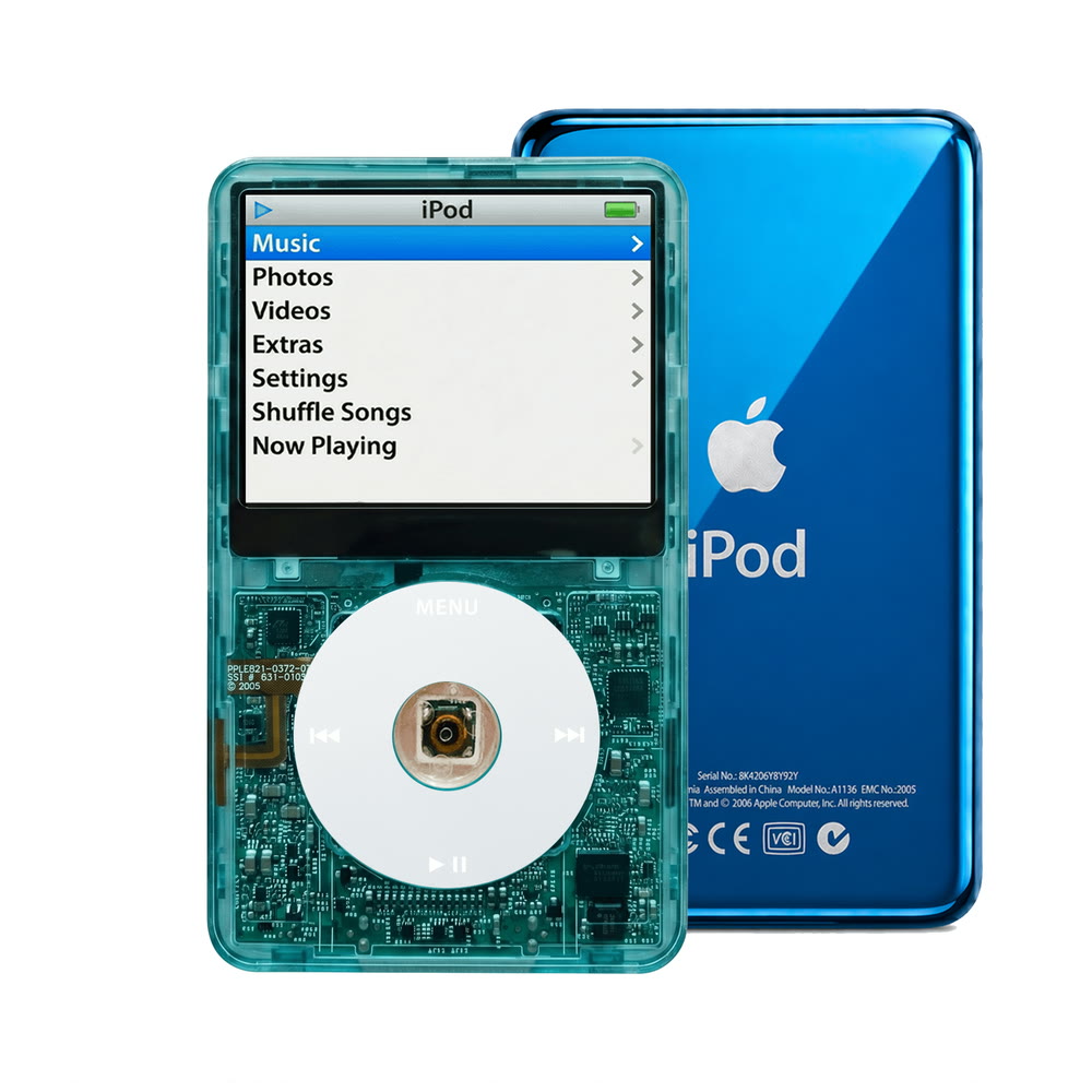 Clear Blue refurbished iPod Video 5.5 Gen with Gray click wheel and Blue back plate