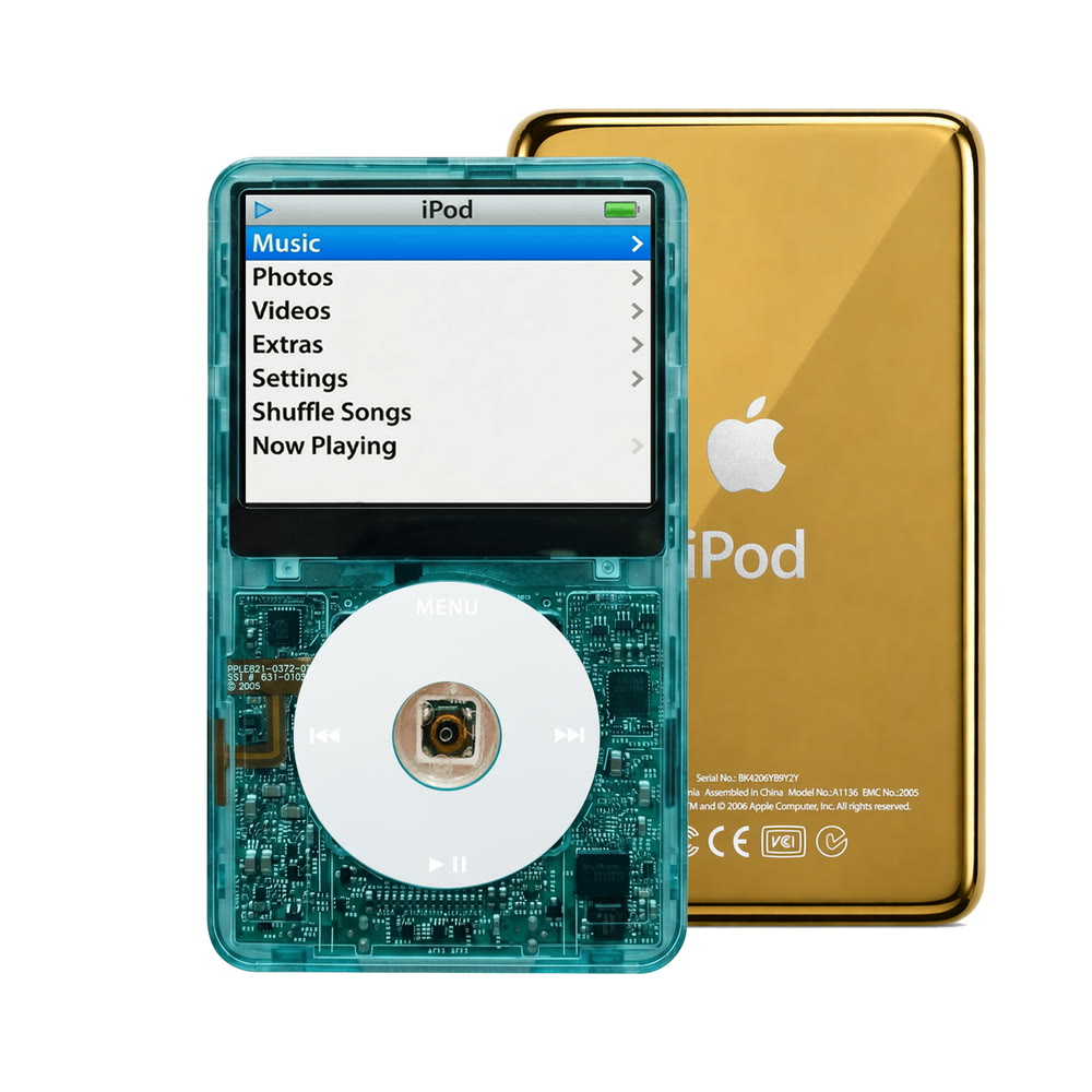 Clear Blue refurbished iPod Video 5.5 Gen with Gray click wheel and Gold back plate