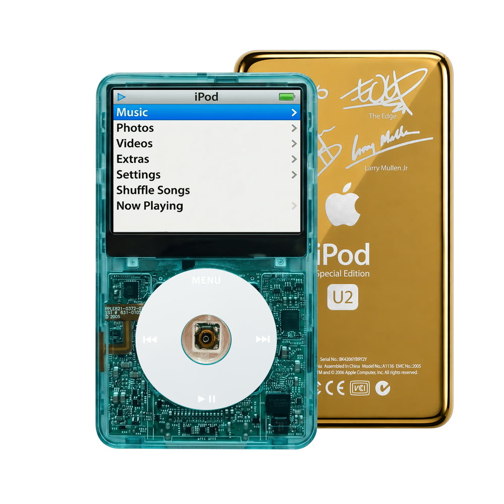 Clear Blue refurbished iPod Video 5.5 Gen with Gray click wheel and Gold U2 back plate