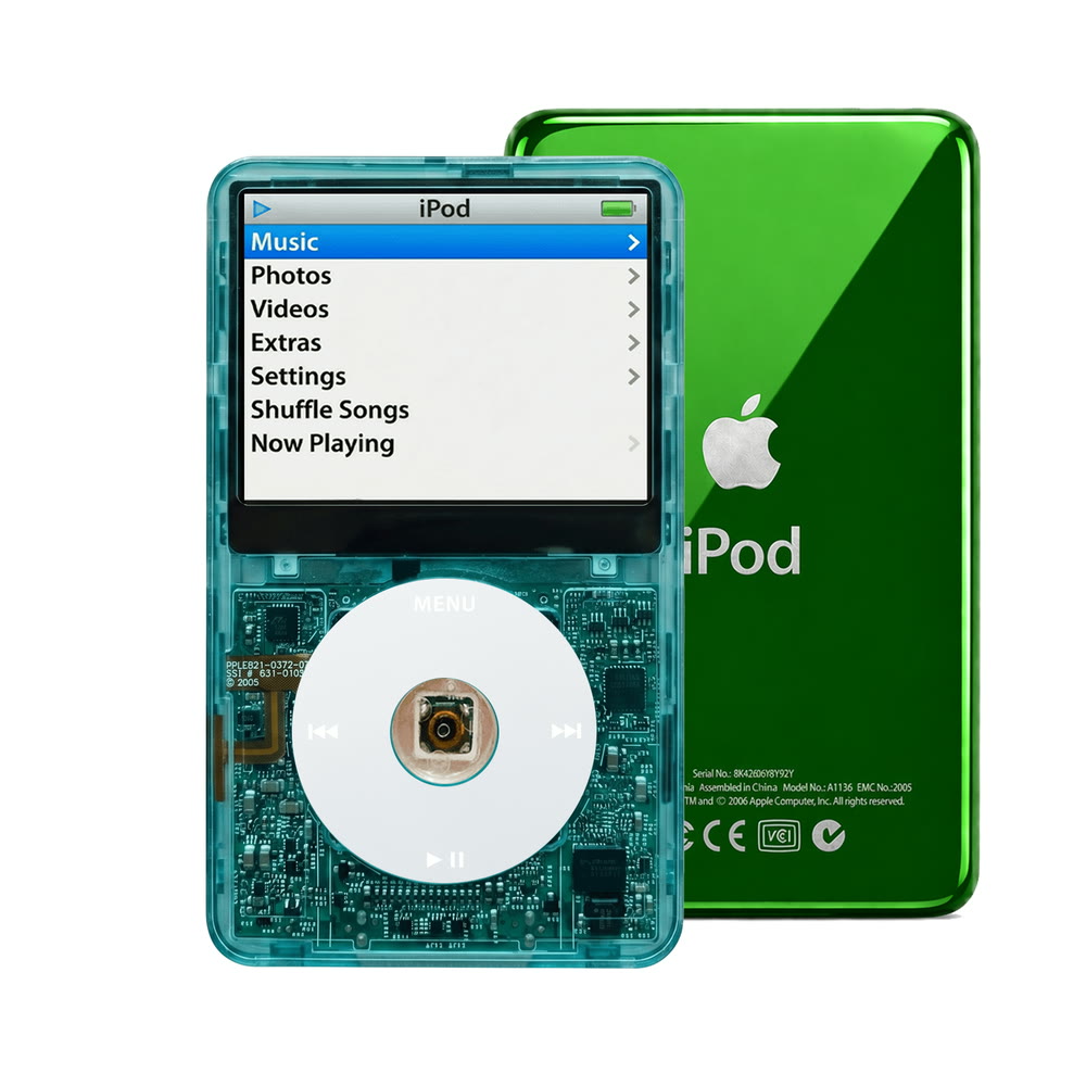 Clear Blue refurbished iPod Video 5.5 Gen with Gray click wheel and Green back plate