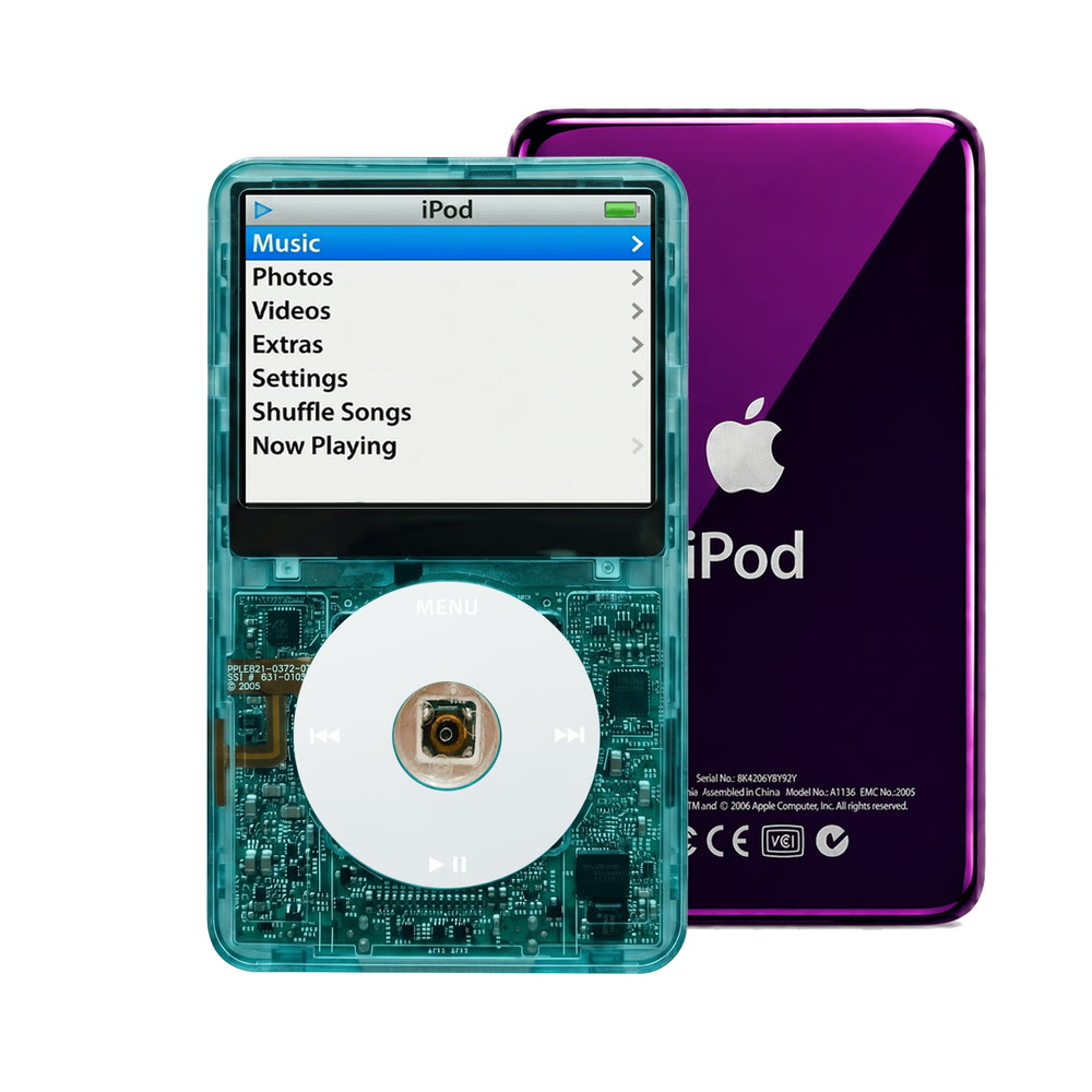 Clear Blue refurbished iPod Video 5.5 Gen with Gray click wheel and Purple back plate