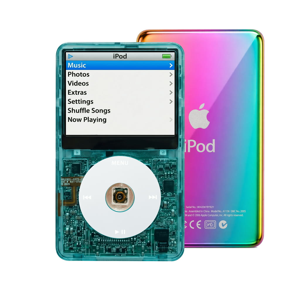 Clear Blue refurbished iPod Video 5.5 Gen with Gray click wheel and Rainbow back plate