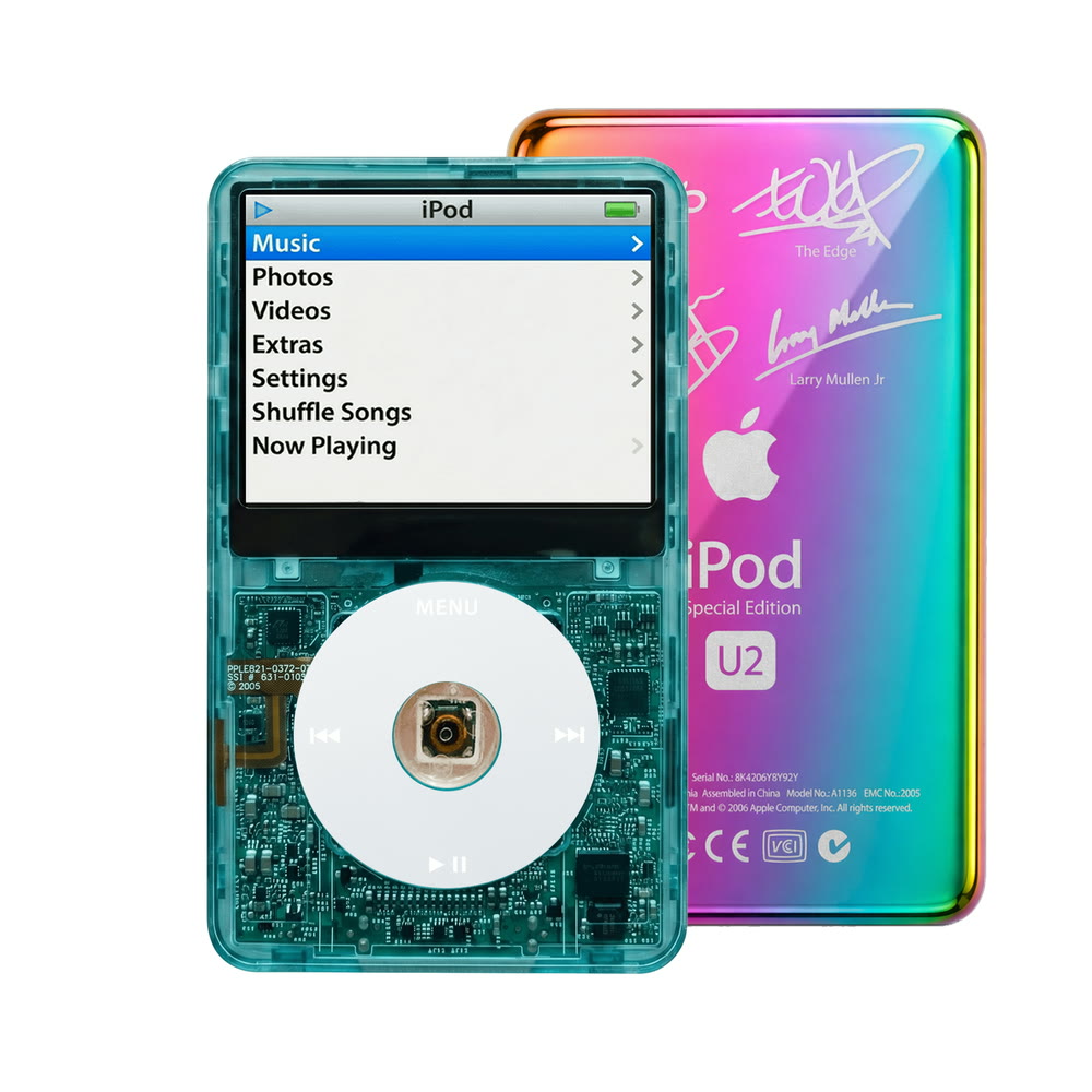 Clear Blue refurbished iPod Video 5.5 Gen with Gray click wheel and Rainbow U2 back plate