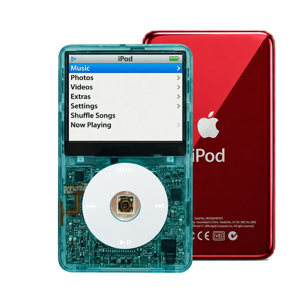 Clear Blue refurbished iPod Video 5.5 Gen with Gray click wheel and Red back plate