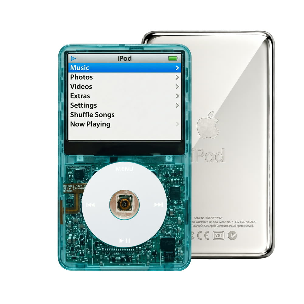 Clear Blue refurbished iPod Video 5.5 Gen with Gray click wheel and Silver back plate