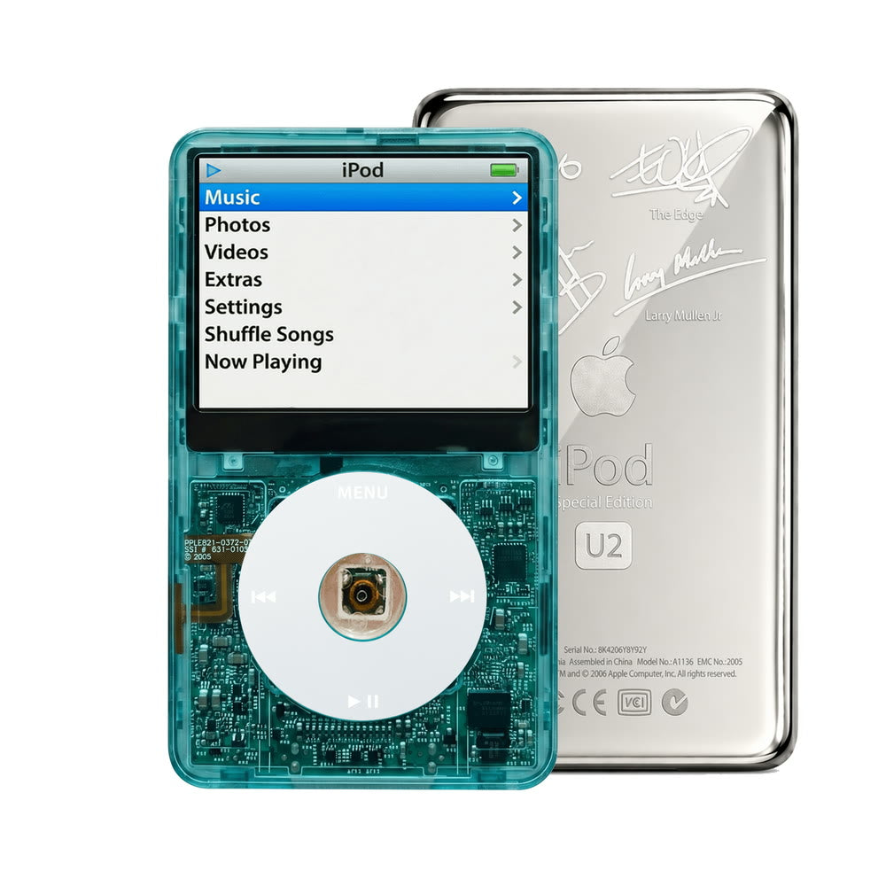 Clear Blue refurbished iPod Video 5.5 Gen with Gray click wheel and Silver U2 back plate
