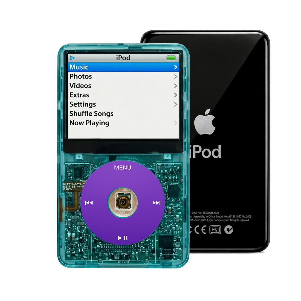 Clear Blue refurbished iPod Video 5.5 Gen with Purple click wheel and Black back plate