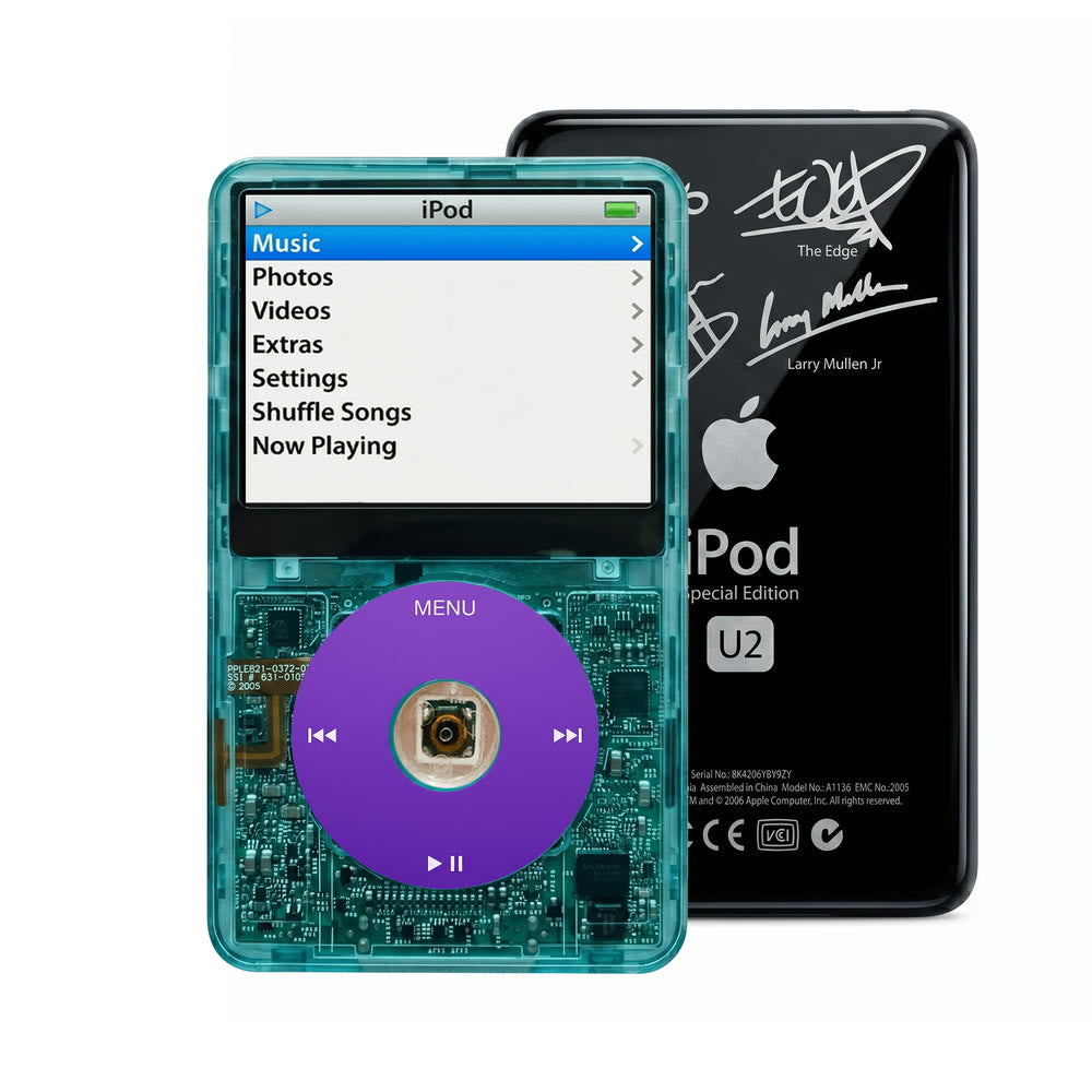 Clear Blue refurbished iPod Video 5.5 Gen with Purple click wheel and Black U2 back plate