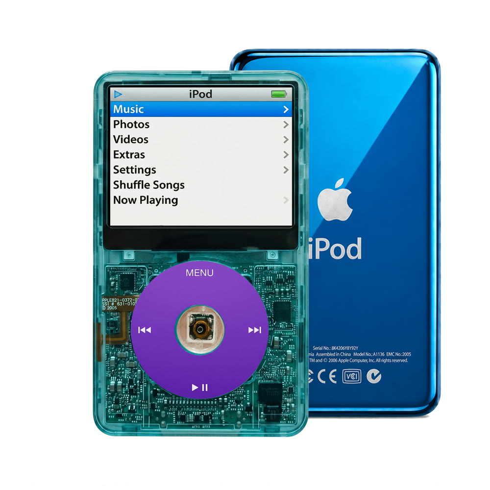 Clear Blue refurbished iPod Video 5.5 Gen with Purple click wheel and Blue back plate