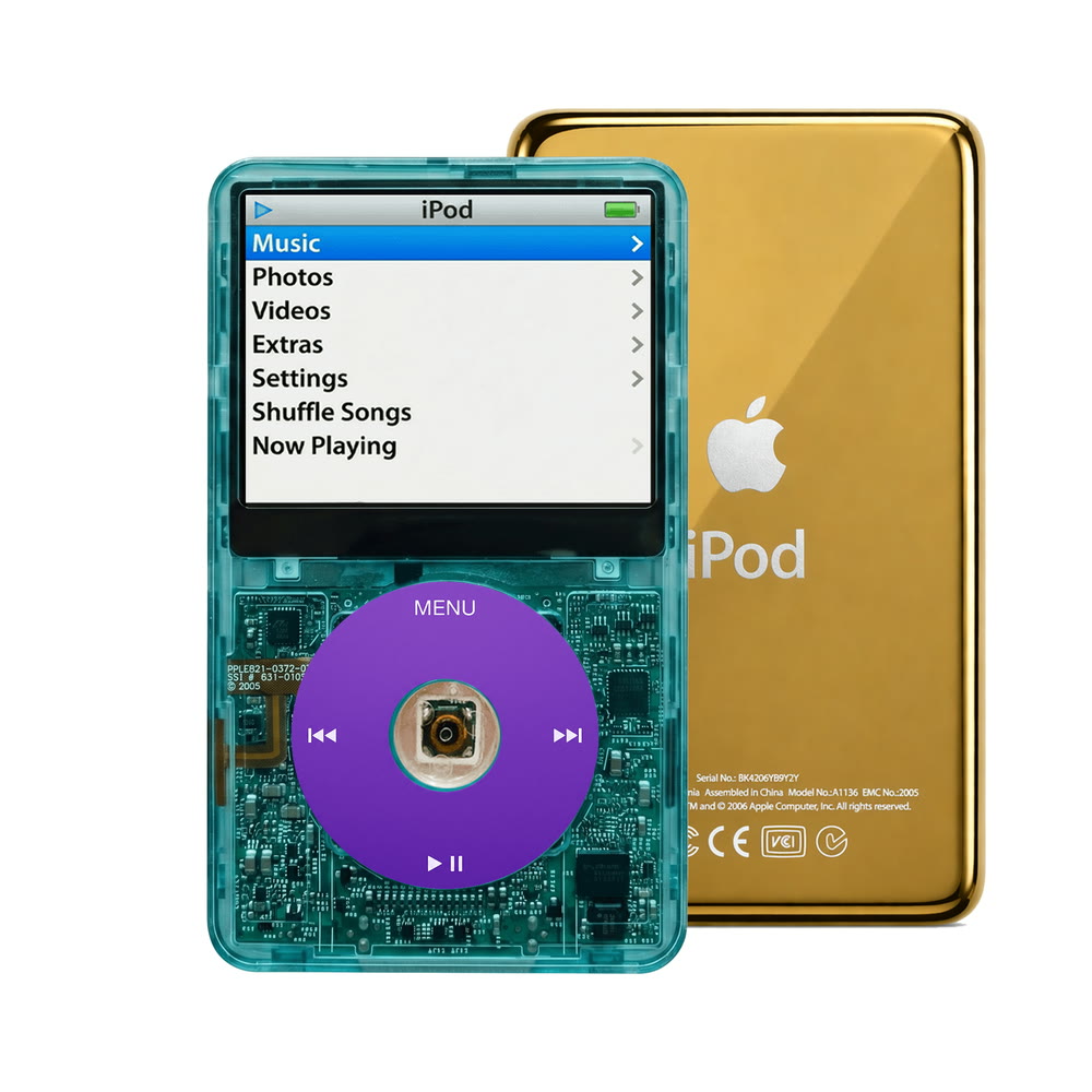 Clear Blue refurbished iPod Video 5.5 Gen with Purple click wheel and Gold back plate