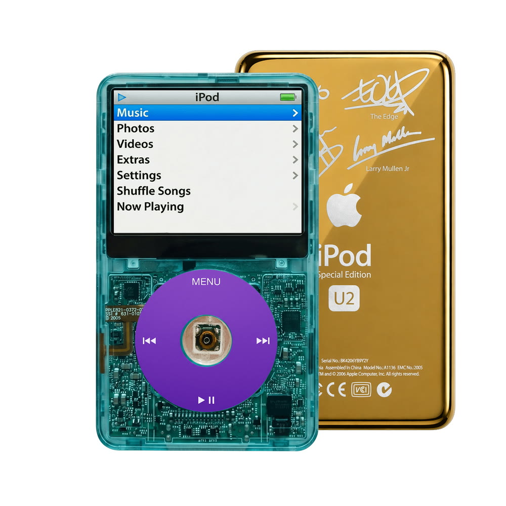 Clear Blue refurbished iPod Video 5.5 Gen with Purple click wheel and Gold U2 back plate