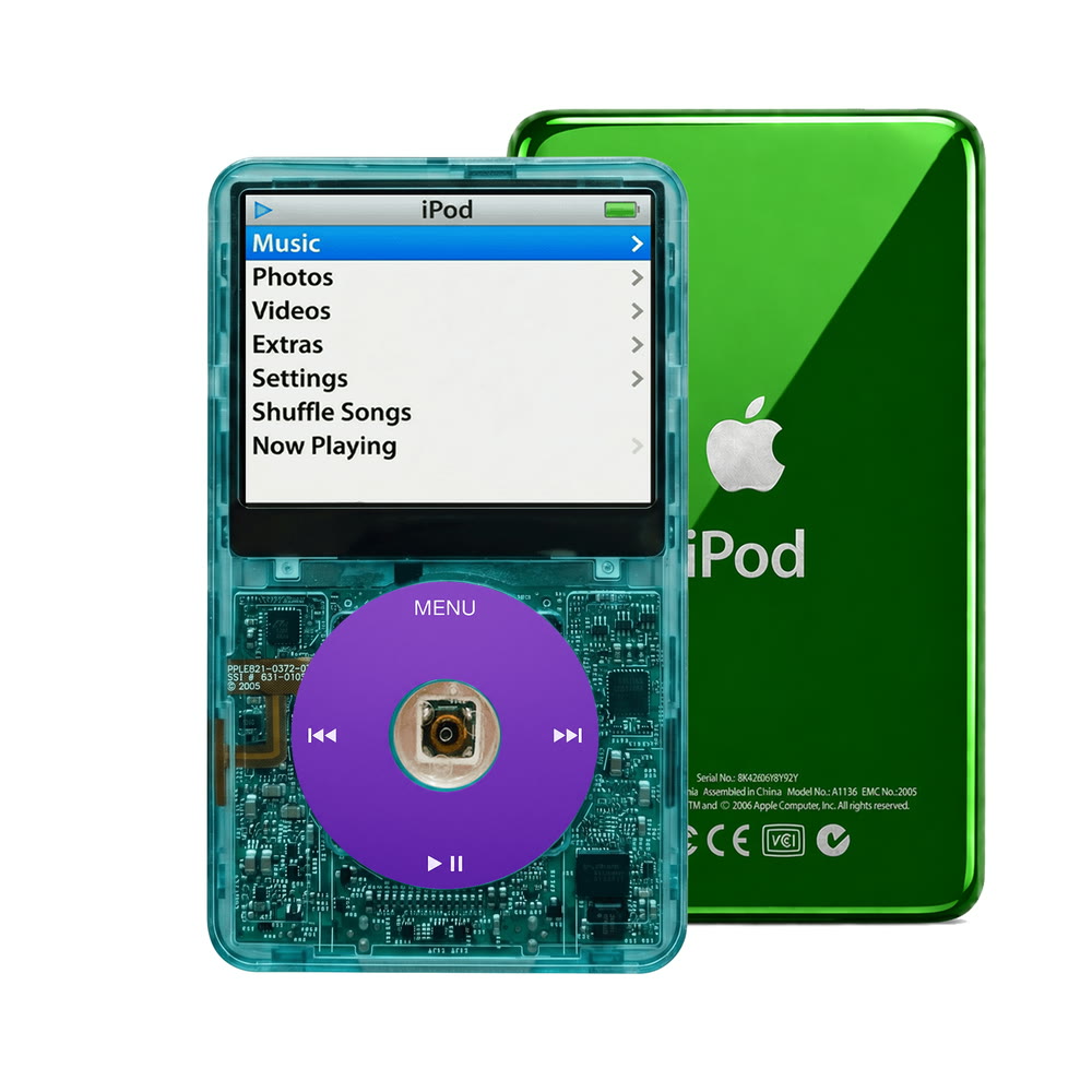 Clear Blue refurbished iPod Video 5.5 Gen with Purple click wheel and Green back plate