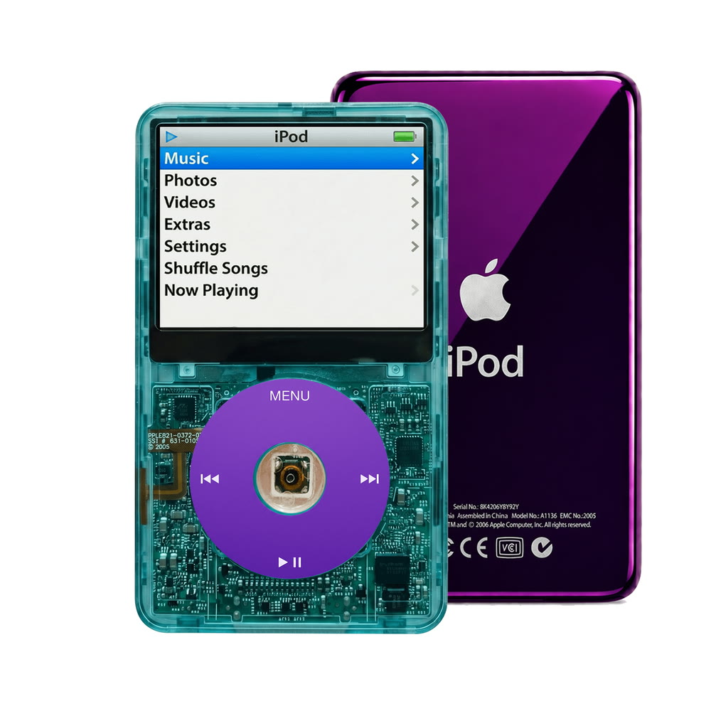 Clear Blue refurbished iPod Video 5.5 Gen with Purple click wheel and Purple back plate