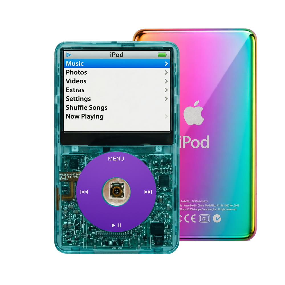 Clear Blue refurbished iPod Video 5.5 Gen with Purple click wheel and Rainbow back plate