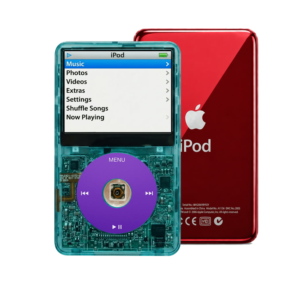 Clear Blue refurbished iPod Video 5.5 Gen with Purple click wheel and Red back plate