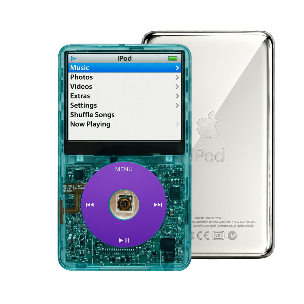 Clear Blue refurbished iPod Video 5.5 Gen with Purple click wheel and Silver back plate