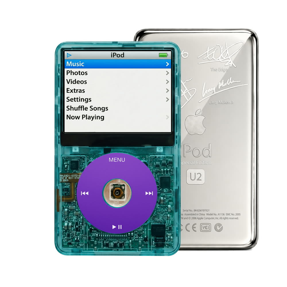 Clear Blue refurbished iPod Video 5.5 Gen with Purple click wheel and Silver U2 back plate