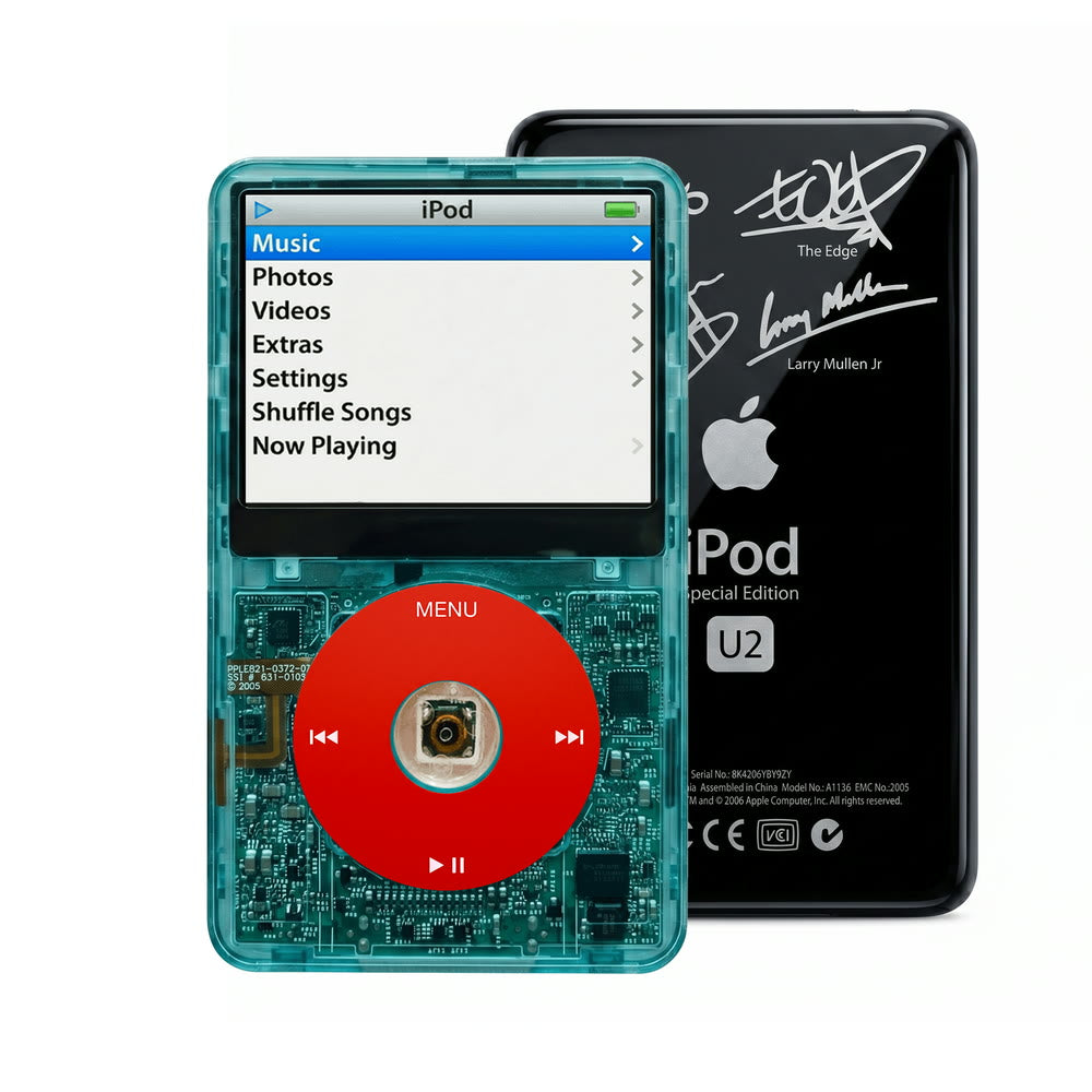 Clear Blue refurbished iPod Video 5.5 Gen with Red click wheel and Black U2 back plate