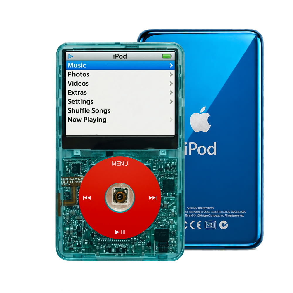 Clear Blue refurbished iPod Video 5.5 Gen with Red click wheel and Blue back plate