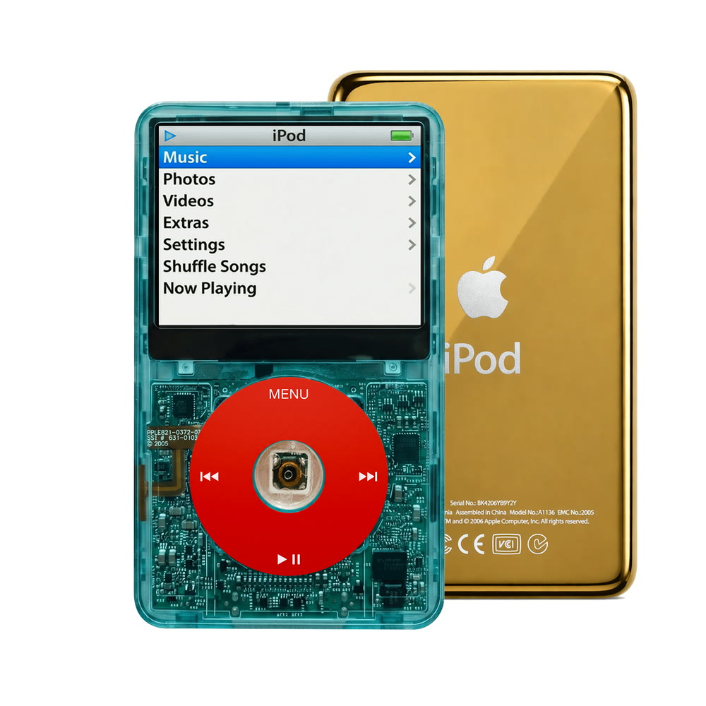 Clear Blue refurbished iPod Video 5.5 Gen with Red click wheel and Gold back plate
