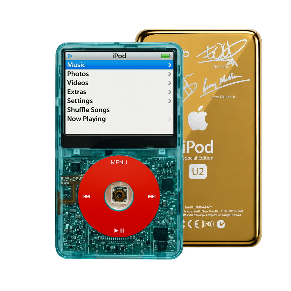 Clear Blue refurbished iPod Video 5.5 Gen with Red click wheel and Gold U2 back plate