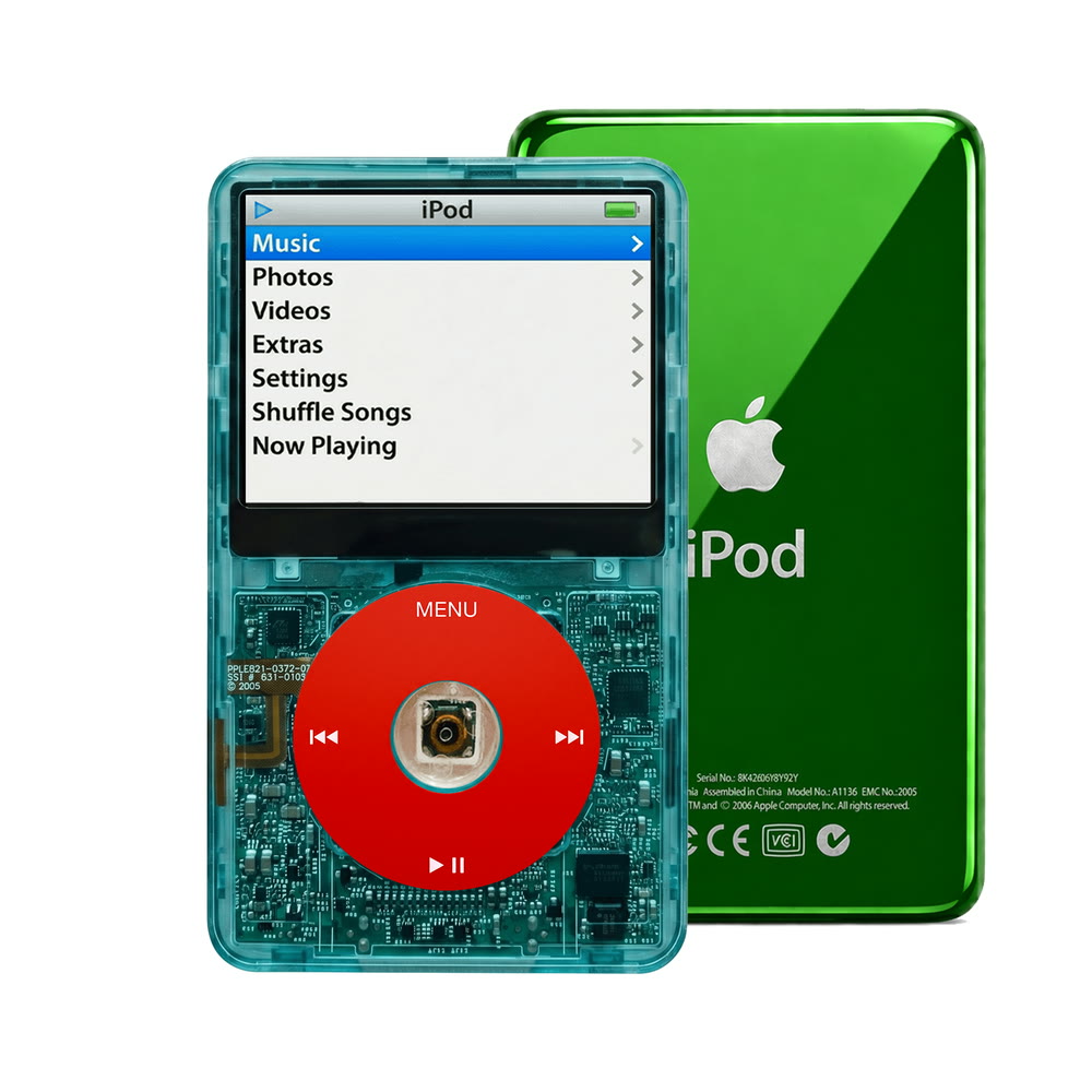 Clear Blue refurbished iPod Video 5.5 Gen with Red click wheel and Green back plate