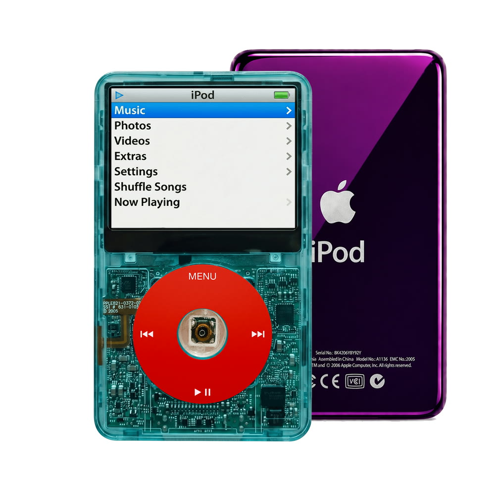 Clear Blue refurbished iPod Video 5.5 Gen with Red click wheel and Purple back plate