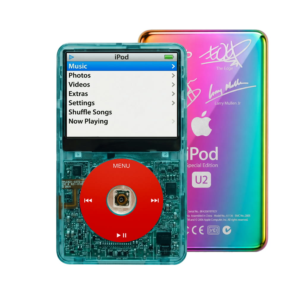 Clear Blue refurbished iPod Video 5.5 Gen with Red click wheel and Rainbow U2 back plate