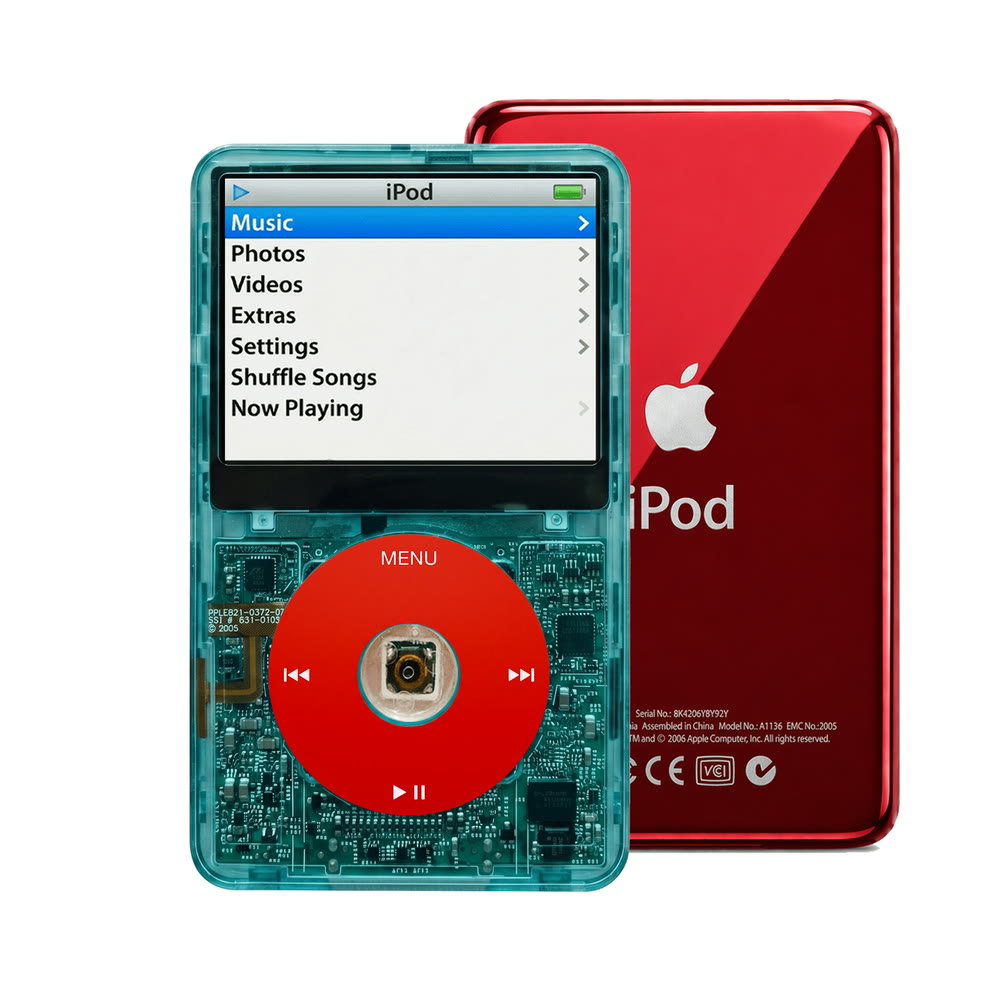 Clear Blue refurbished iPod Video 5.5 Gen with Red click wheel and Red back plate