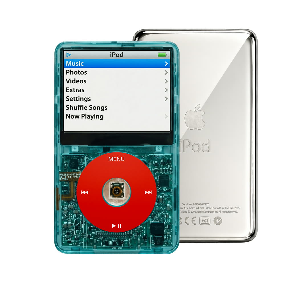 Clear Blue refurbished iPod Video 5.5 Gen with Red click wheel and Silver back plate