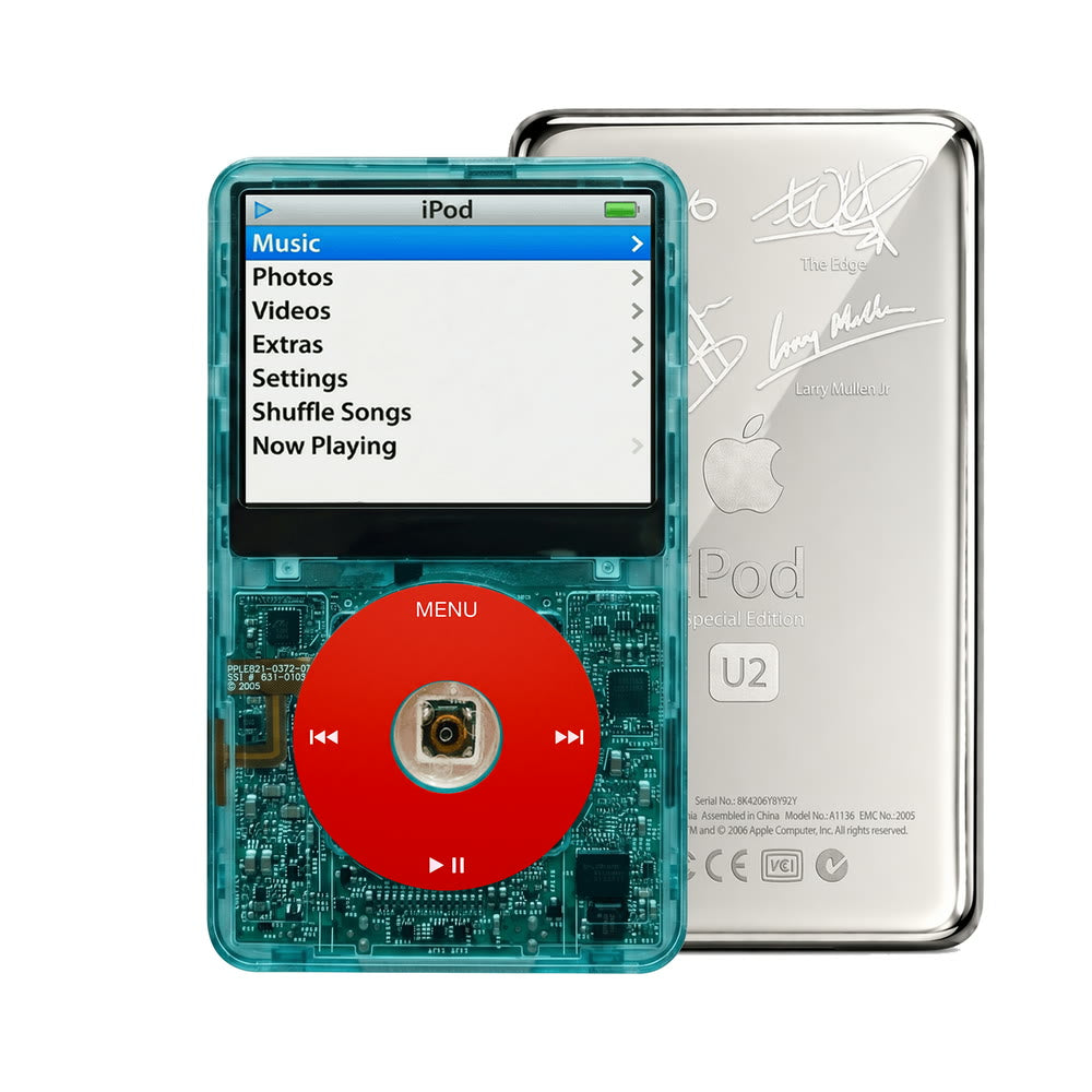 Clear Blue refurbished iPod Video 5.5 Gen with Red click wheel and Silver U2 back plate