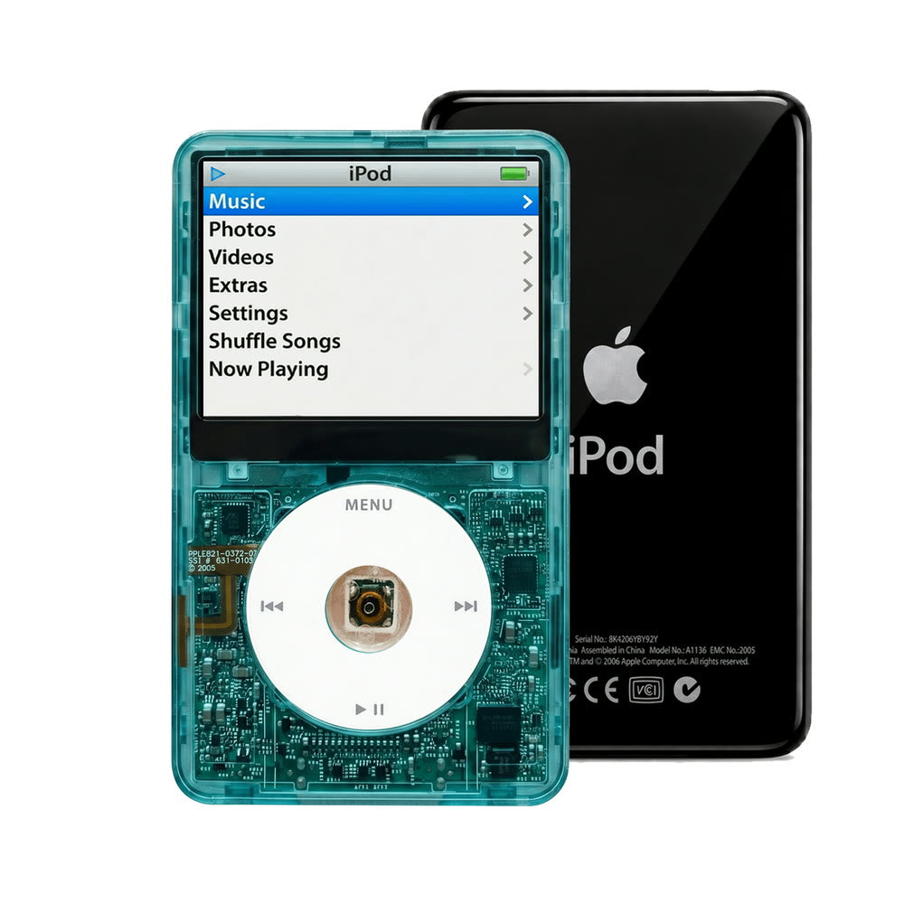 Clear Blue refurbished iPod Video 5.5 Gen with White click wheel and Black back plate