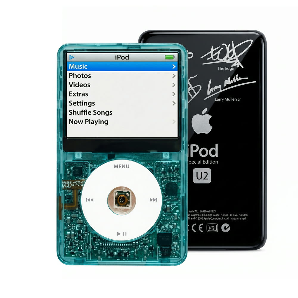 Clear Blue refurbished iPod Video 5.5 Gen with White click wheel and Black U2 back plate