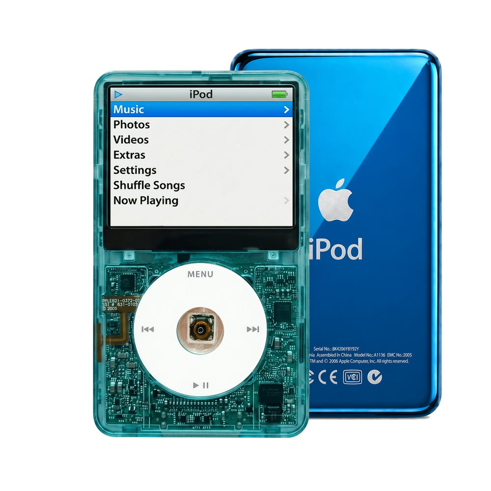 Clear Blue refurbished iPod Video 5.5 Gen with White click wheel and Blue back plate