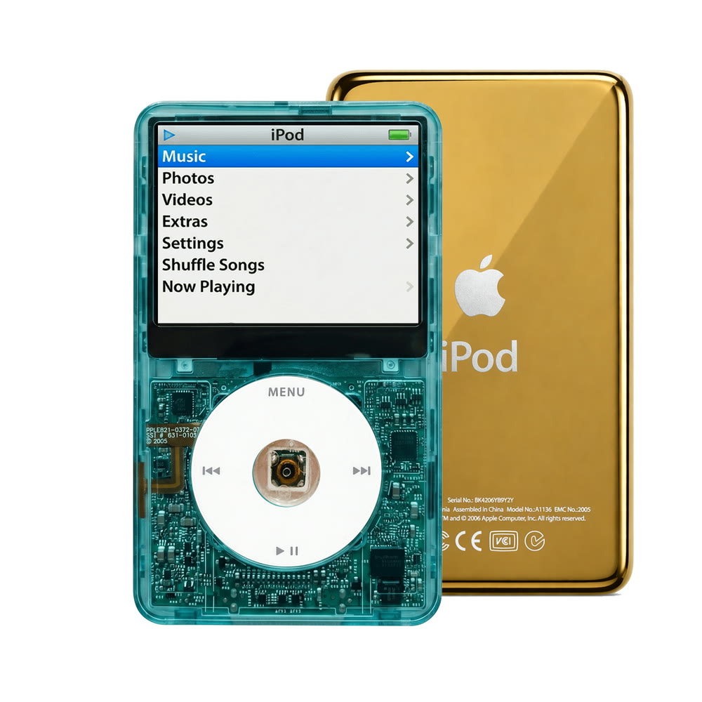 Clear Blue refurbished iPod Video 5.5 Gen with White click wheel and Gold back plate