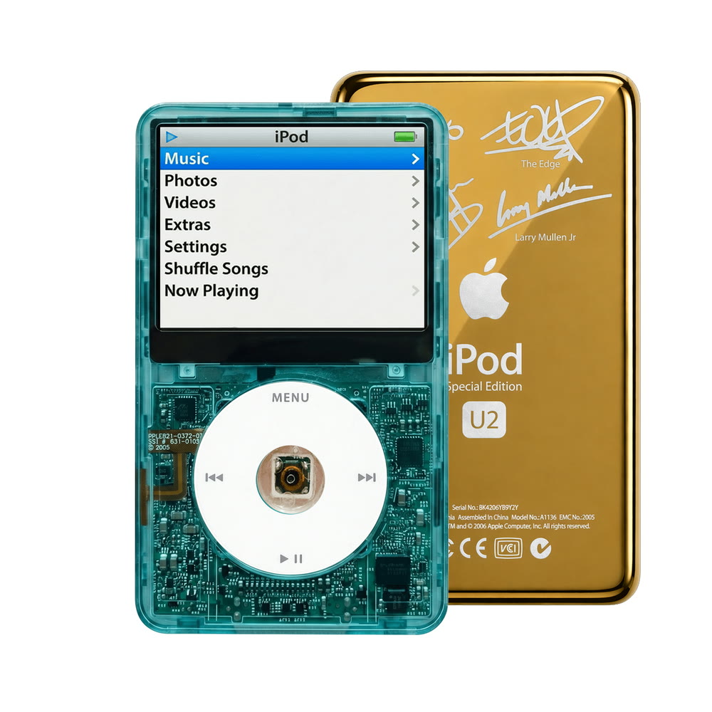 Clear Blue refurbished iPod Video 5.5 Gen with White click wheel and Gold U2 back plate