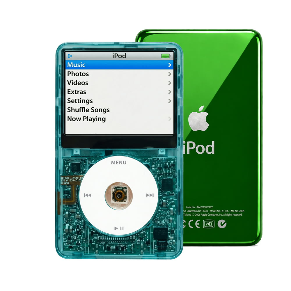 Clear Blue refurbished iPod Video 5.5 Gen with White click wheel and Green back plate