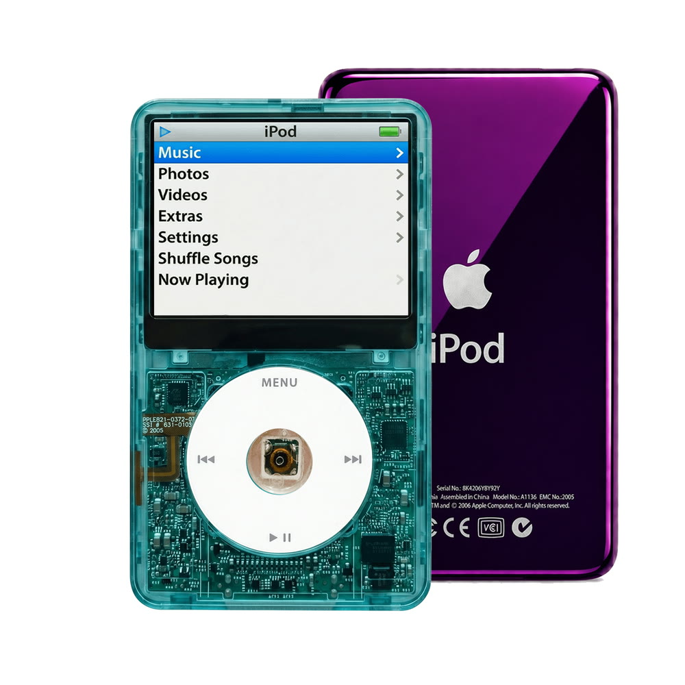Clear Blue refurbished iPod Video 5.5 Gen with White click wheel and Purple back plate