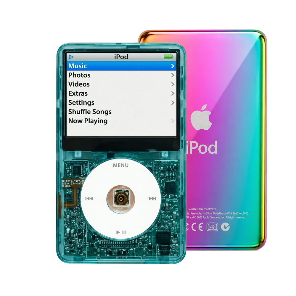 Clear Blue refurbished iPod Video 5.5 Gen with White click wheel and Rainbow back plate