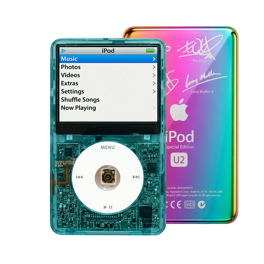 Clear Blue refurbished iPod Video 5.5 Gen with White click wheel and Rainbow U2 back plate