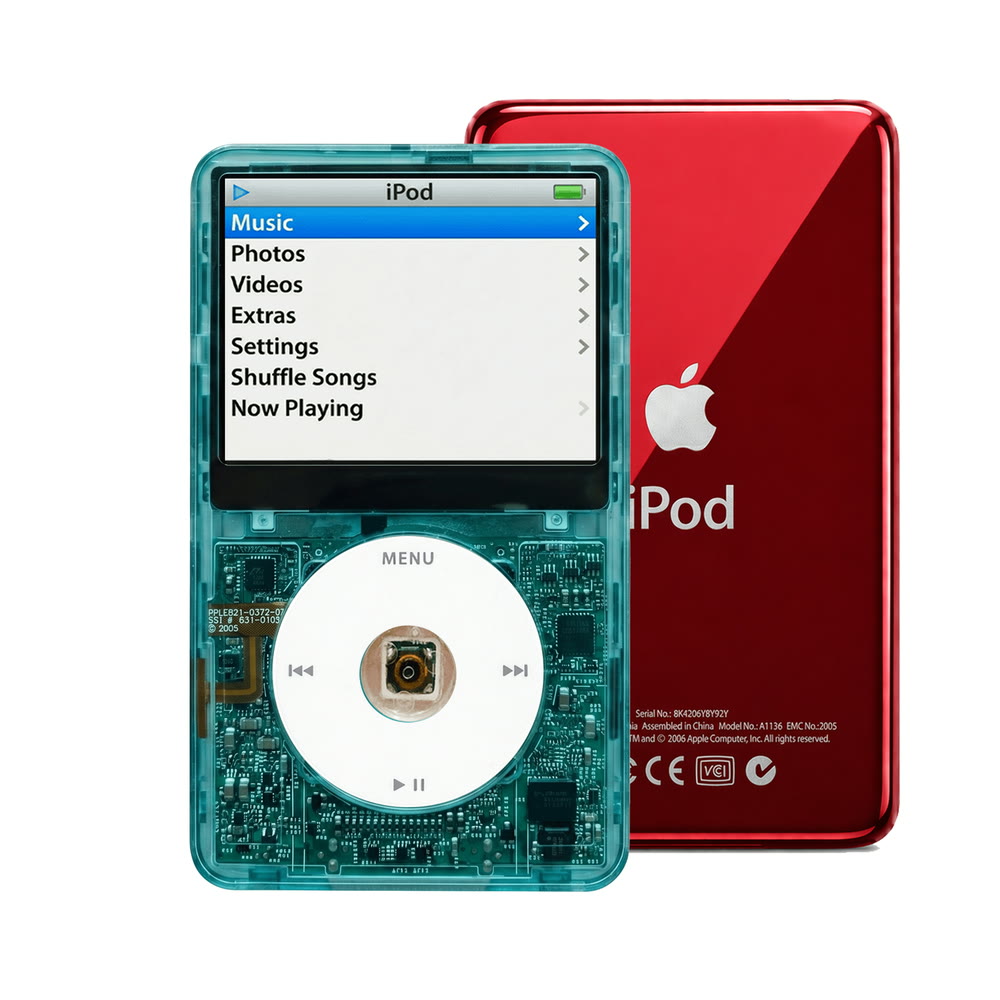 Clear Blue refurbished iPod Video 5.5 Gen with White click wheel and Red back plate