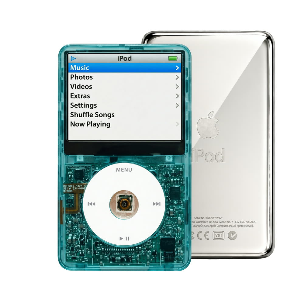 Clear Blue refurbished iPod Video 5.5 Gen with White click wheel and Silver back plate
