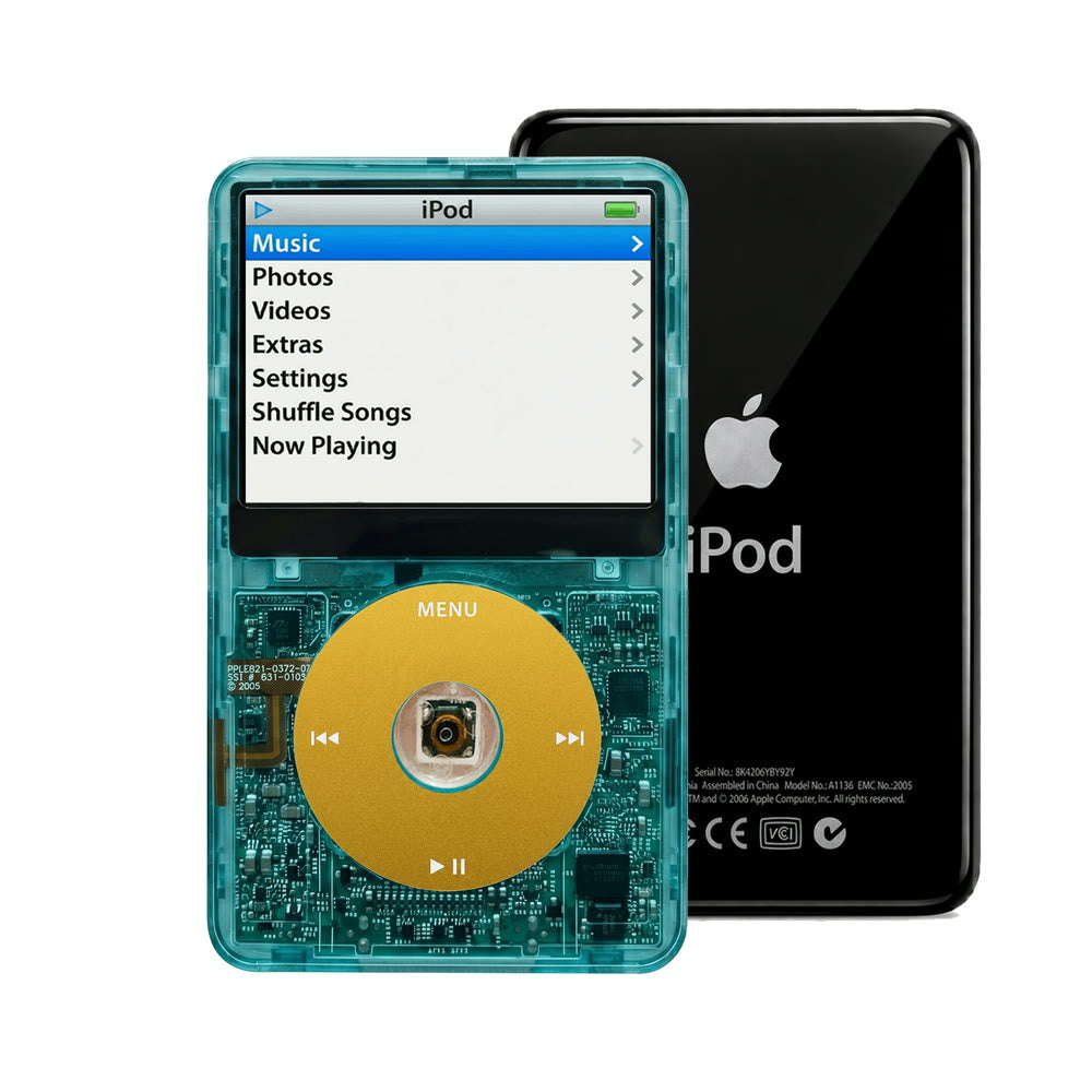 Clear Blue refurbished iPod Video 5.5 Gen with Yellow click wheel and Black back plate