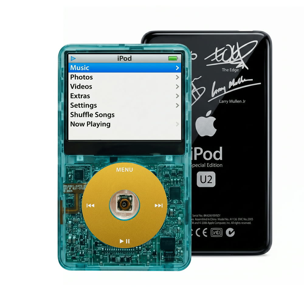 Clear Blue refurbished iPod Video 5.5 Gen with Yellow click wheel and Black U2 back plate