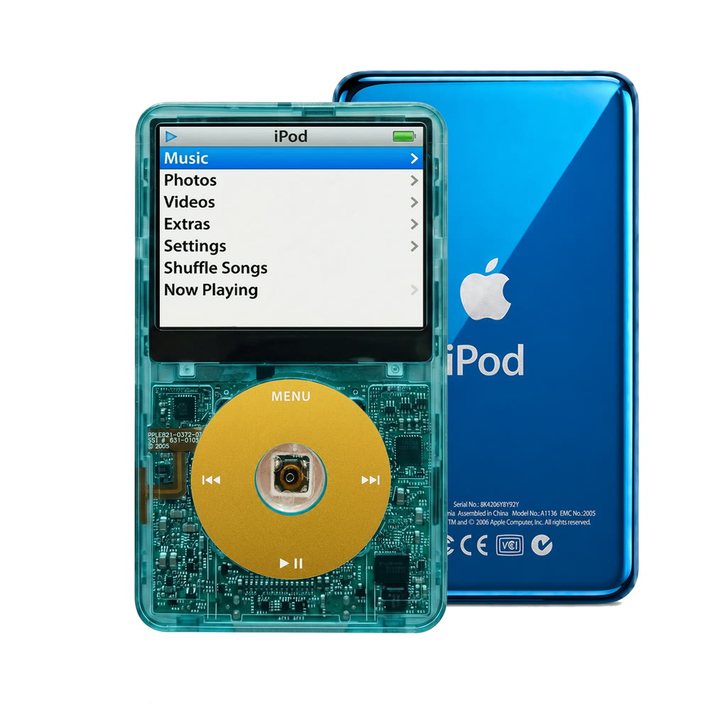 Clear Blue refurbished iPod Video 5.5 Gen with Yellow click wheel and Blue back plate