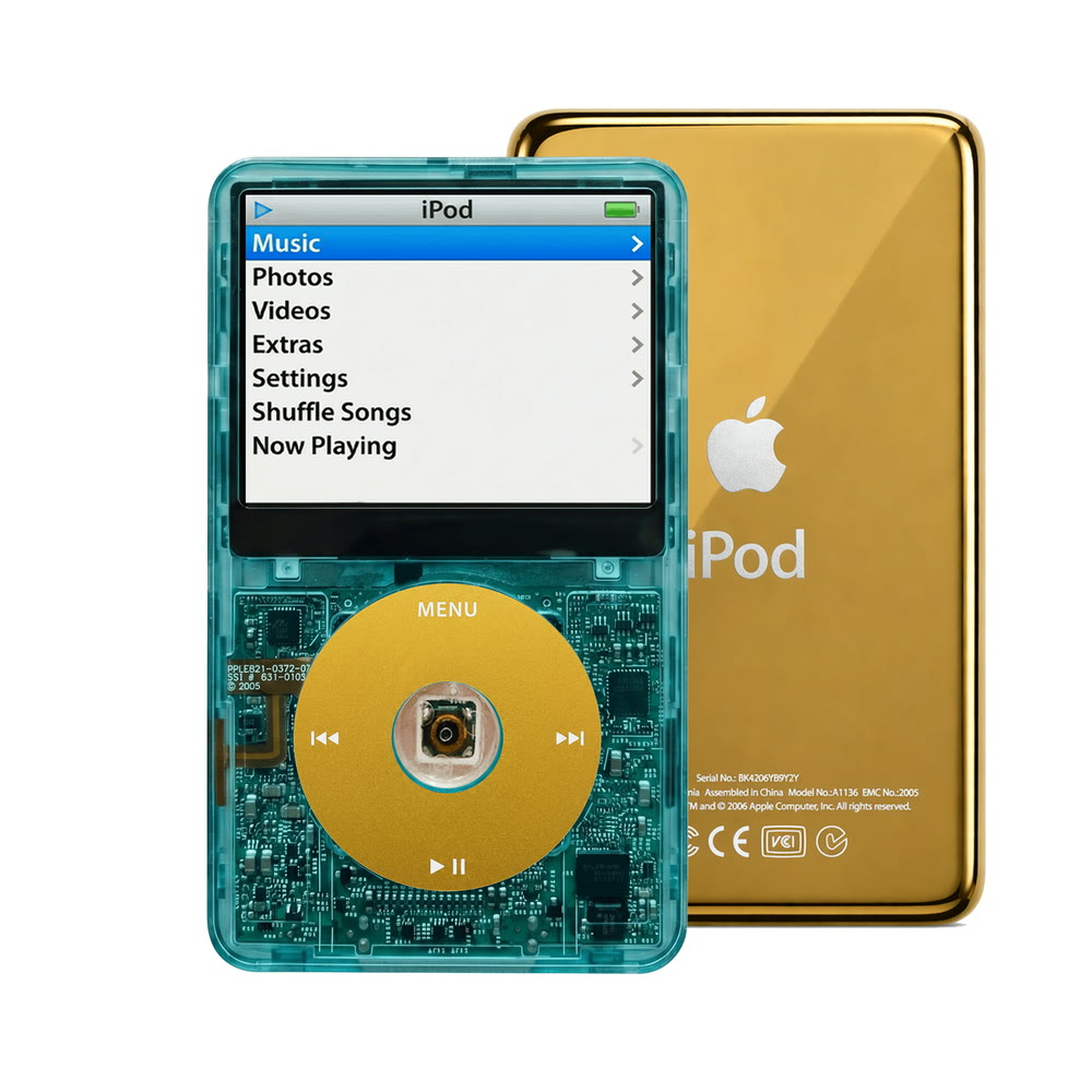 Clear Blue refurbished iPod Video 5.5 Gen with Yellow click wheel and Gold back plate